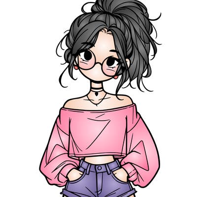 girl with a messy ponytail glasses a baggy crop top and jean shorts