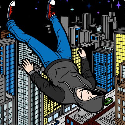 a guy in a hoodie, in the air, falling to the ground, night, city