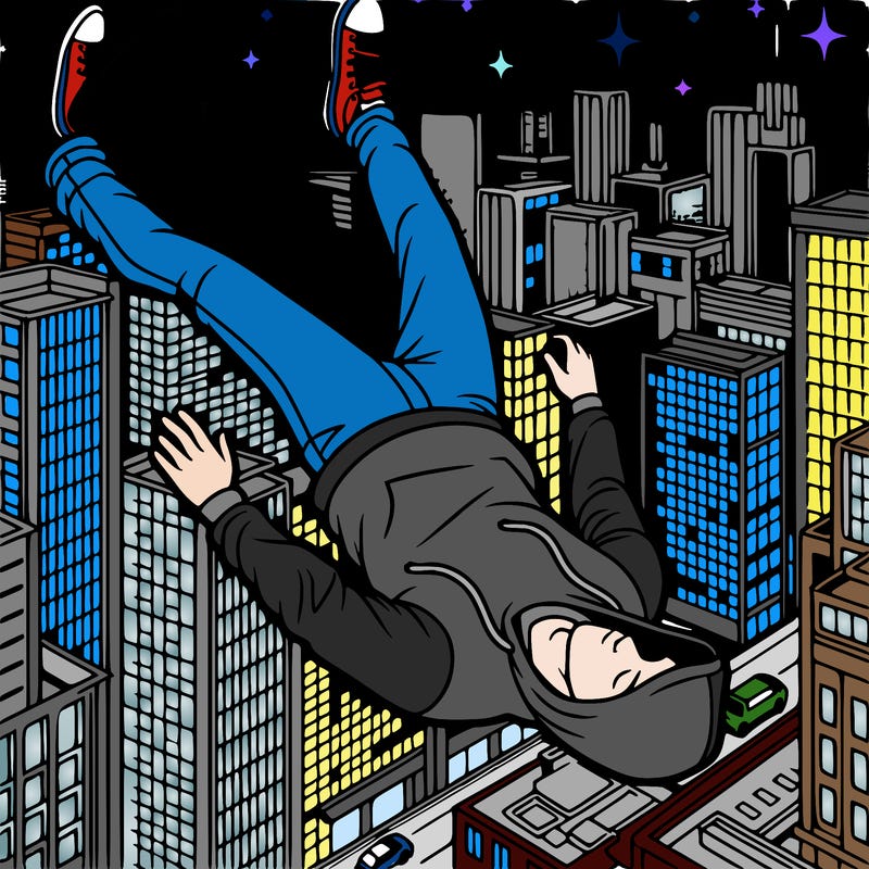 a guy in a hoodie, in the air, falling to the ground, night, city