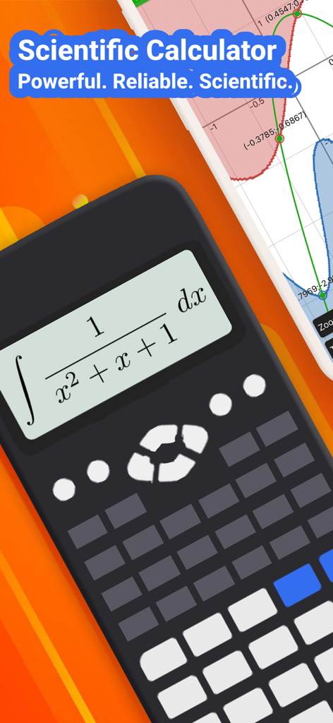 NCalc scientific calculator app displaying an integral formula and a function graph