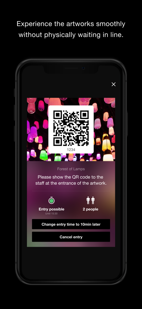 App teamLab che mostra un pass d'ingresso digitale con un codice QR per la mostra Forest of Lamps.