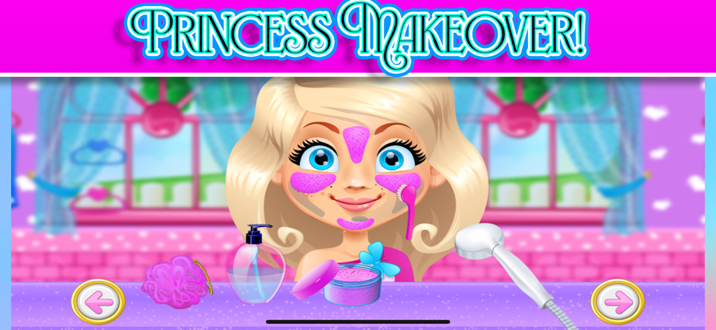 Un personaje de princesa rubia recibiendo un tratamiento facial de spa rosa en un juego de cambio de imagen
