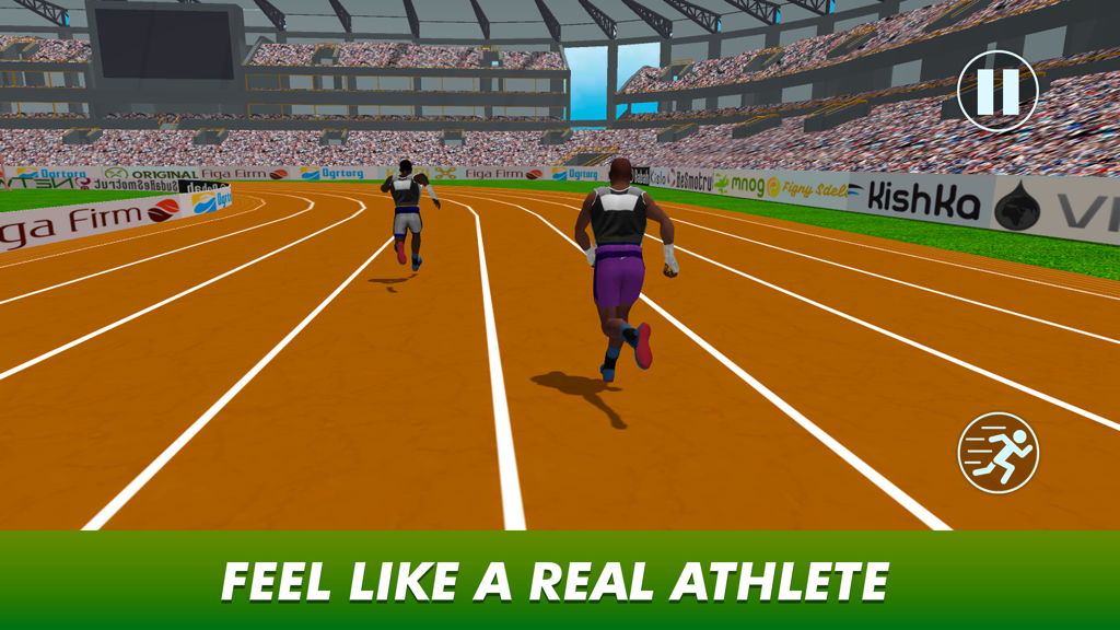 Two athletes competing in a track race inside a 3D stadium