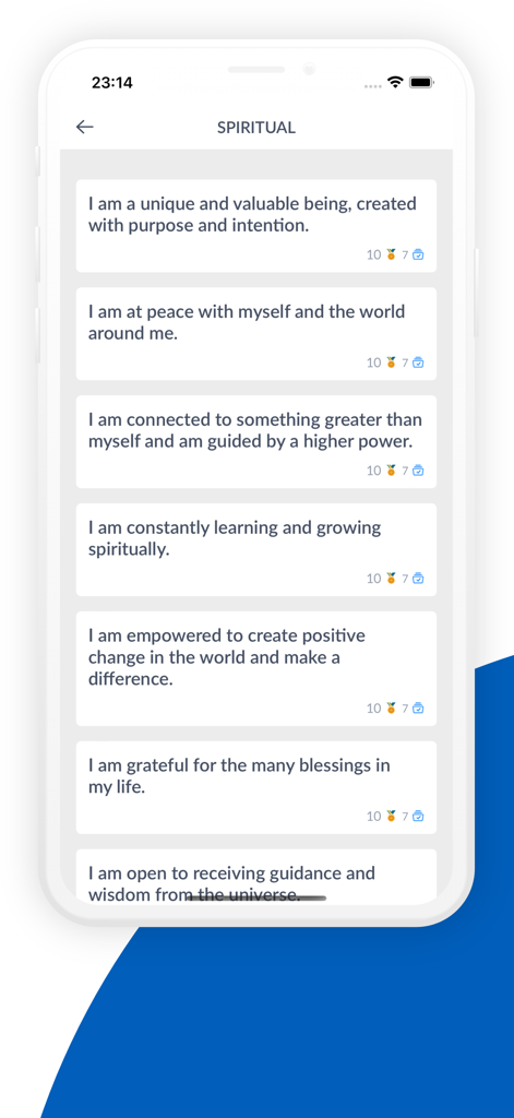 Achieve Me - Life Goals - A list of spiritual affirmations and mindset goals within the Achieve Me app.