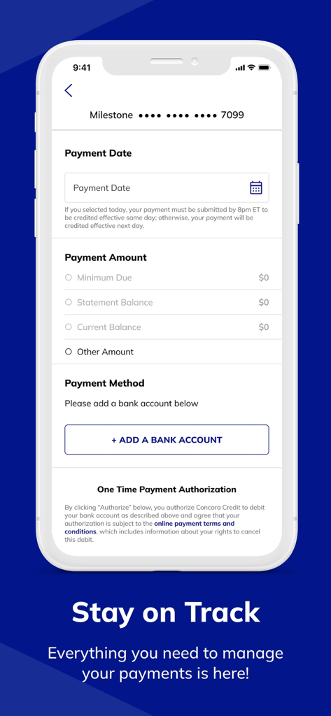 Interfaccia dell'app Concora Credit per la gestione dei pagamenti delle carte di credito con opzioni per la selezione della data e dell'importo.
