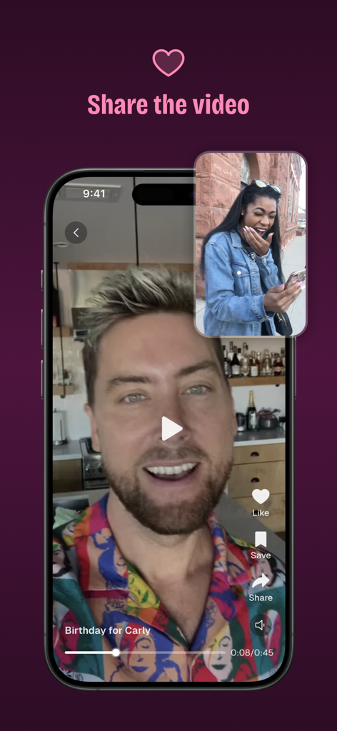 Cameo app interface displaying a personalized celebrity video with a recipient reaction window