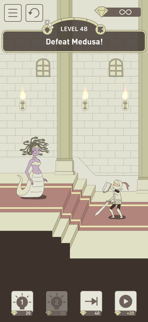 Un caballero se enfrenta a Medusa en el nivel 48 del juego de puzles IQ Dungeon
