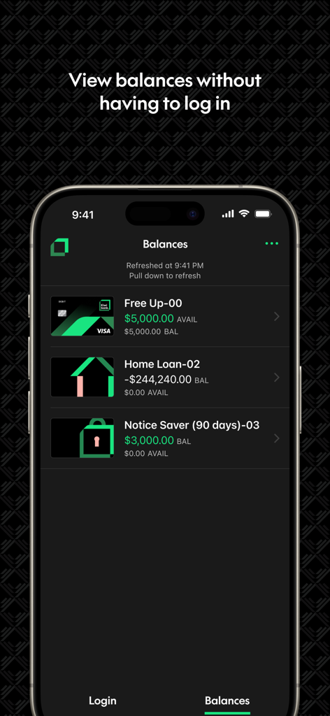 A smartphone screenshot of the Kiwibank app showing account balances for a Free Up account, Home Loan, and Notice Saver without logging in.