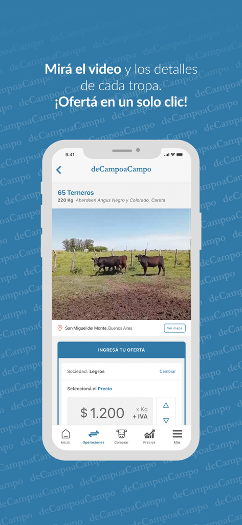 deCampoaCampo - App-Bildschirm für Mobilgeräte, der ein Viehangebot für 65 Kälber mit einem Gebotsbereich und einem Foto des Rindes anzeigt.