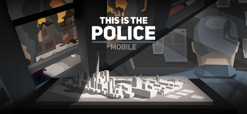 This Is the Police - Title screen of This Is the Police Mobile featuring a noir art style with a city model and a police chief