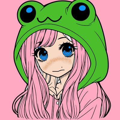 a pretty girl wearing a frog hoodie portrait with long hair