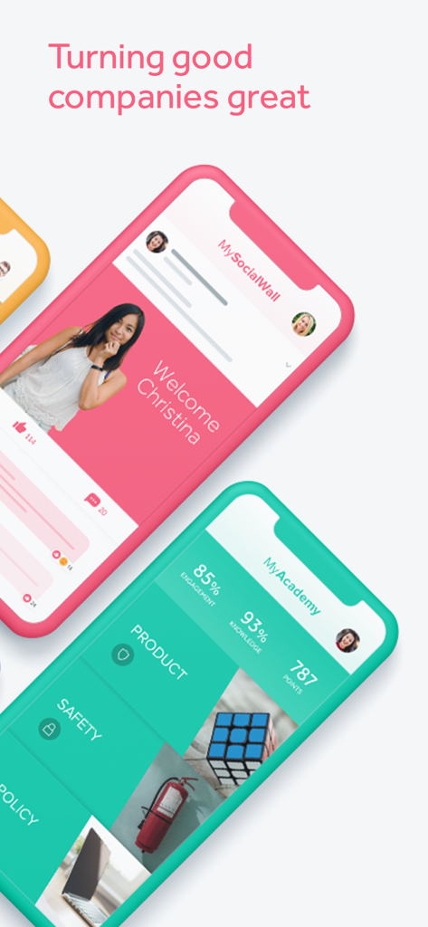 The Actimo app interface showing a social wall for employee engagement and an academy module for training and progress tracking.