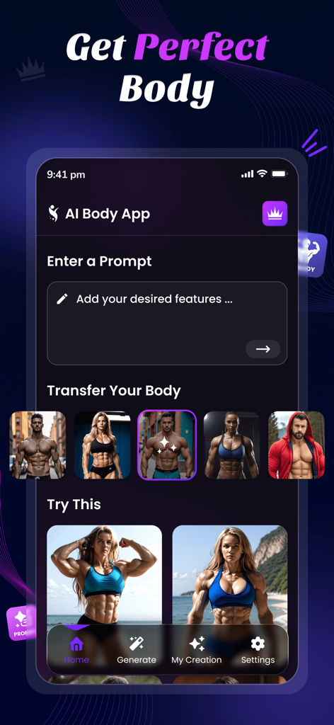 Interfaz de la aplicación móvil AI Physique que muestra opciones para generar y transferir estilos de cuerpo musculoso