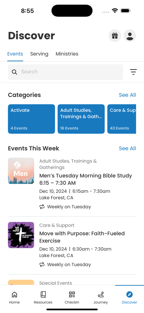 Saddleback App - Saddleback App Discover screen showing church events such as Bible study and faith-fueled exercise categories.