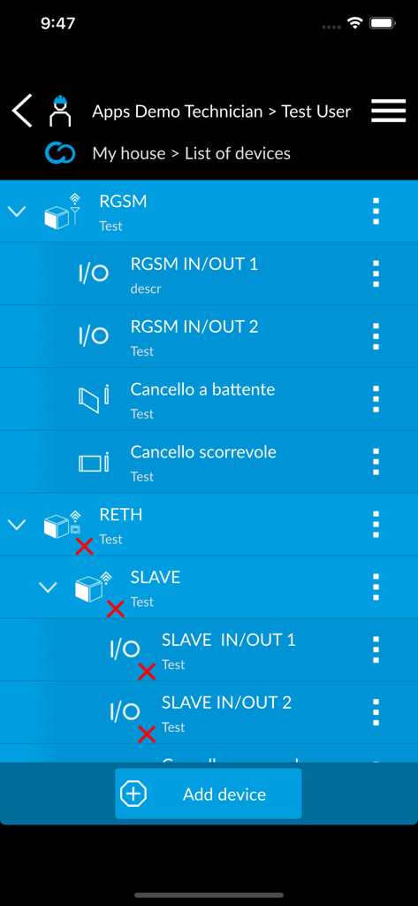 CONNECT SetUp - Vista del técnico de dispositivos y módulos de acceso automatizado conectados con indicadores de estado