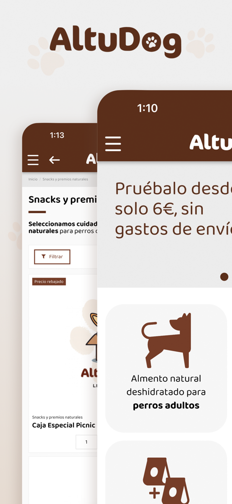 Interfaz de la app móvil AltuDog que muestra comida y premios naturales deshidratados para perros