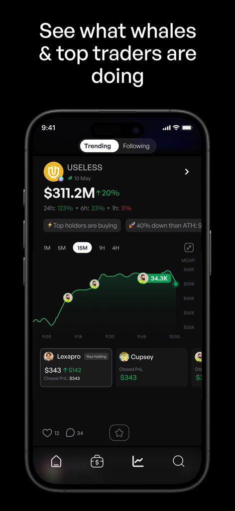 0xPPL - 0xPPL mobile interface showing trending crypto assets and real-time whale trading activity