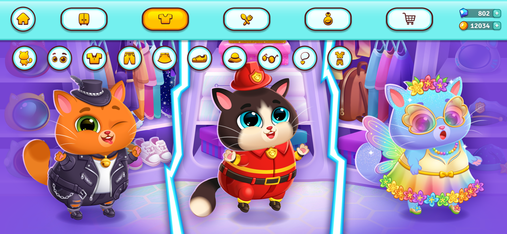 Three virtual cats wearing different costumes in Bubbu 2 fashion salon