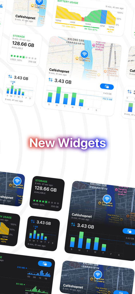NetMonitor+ - A collection of NetMonitor plus widgets for iOS showing network data storage usage and battery trends in light and dark modes