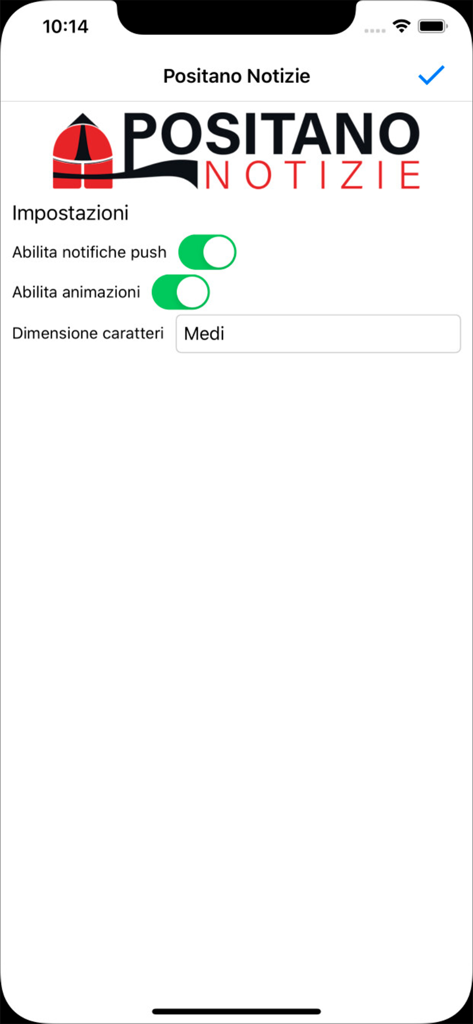 The settings interface of the Positano Notizie mobile app showing toggles for push notifications and font size options