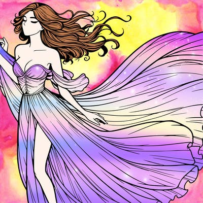 realistic woman in dress flowing the the wind