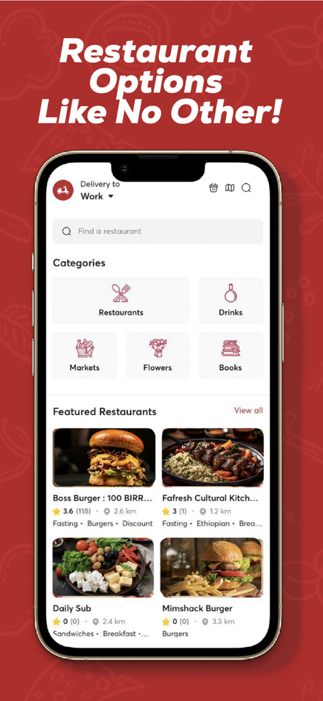 Deliver Addis - Deliver Addis mobile app home screen showing restaurant categories and featured food listings in Addis Ababa