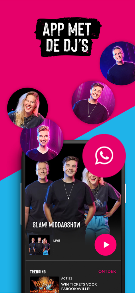 Startbildschirm der SLAM!-Radio-App mit niederländischen DJs und dem Live-Stream der Middagshow