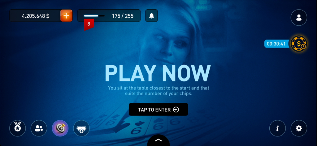 Bluff Game - Main menu of the Bluff Game app featuring a play now button and virtual currency balance