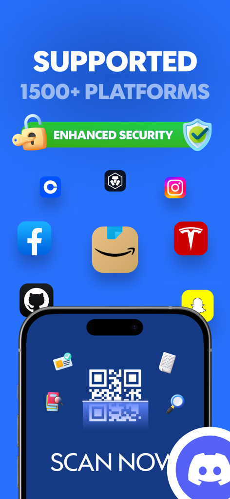 Authenticator App – 2FA & OTP - Captura de pantalla de la aplicación de Autenticación mostrando soporte para más de 1500 plataformas y un escáner de código QR para mayor seguridad.