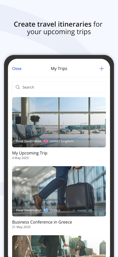 International SOS app screen showing upcoming business travel itineraries for the United Kingdom and Greece.