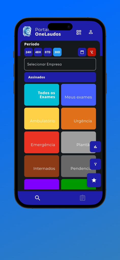 Interface do aplicativo móvel de telerradiologia OneLaudos com categorias de exames médicos e filtros de laudos.
