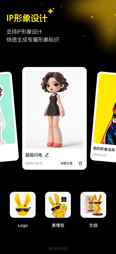 超级制图-一站式AI生图、图片编辑、素材管理的图片制作软件 - Eine mobile Oberfläche für KI-gestütztes IP-Charakter- und Maskottchen-Design mit Icons für 3D-Puppen und gelbe Hasen