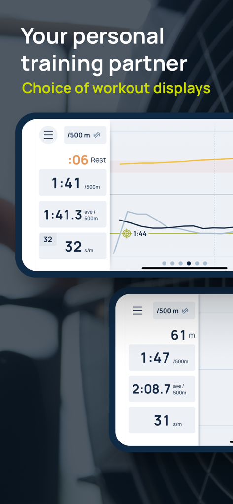 ErgData - Interface de l'application mobile ErgData affichant divers affichages de données d'entraînement personnalisables et des graphiques de performance.