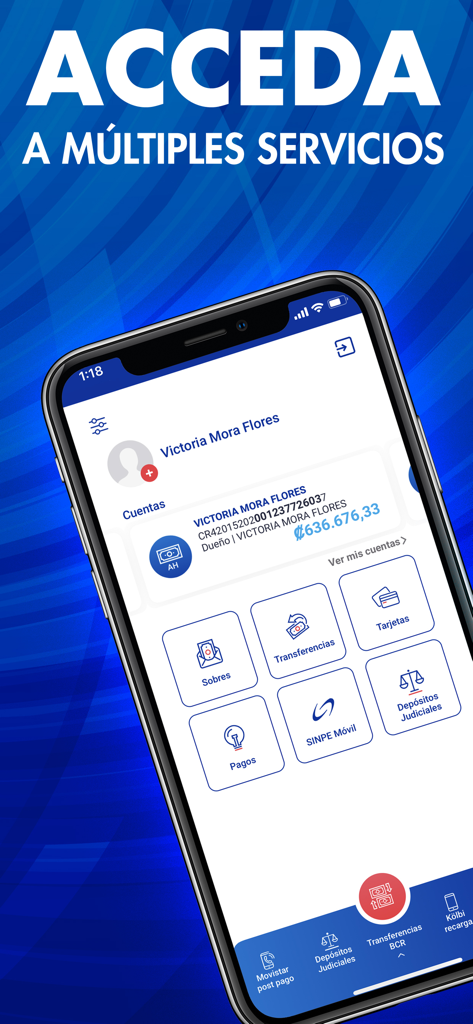 BCR Móvil - BCR Movil app interface displaying account balance and financial service icons