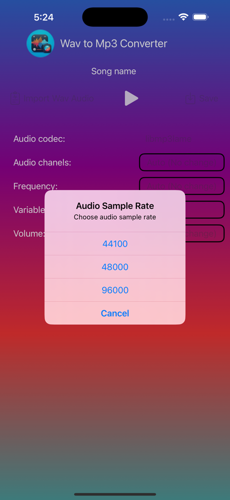 WAV to MP3 Converter app showing audio sample rate configuration options
