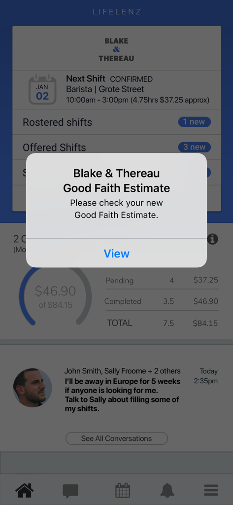 LIFELENZ app dashboard showing shift schedules and a Good Faith Estimate earnings notification