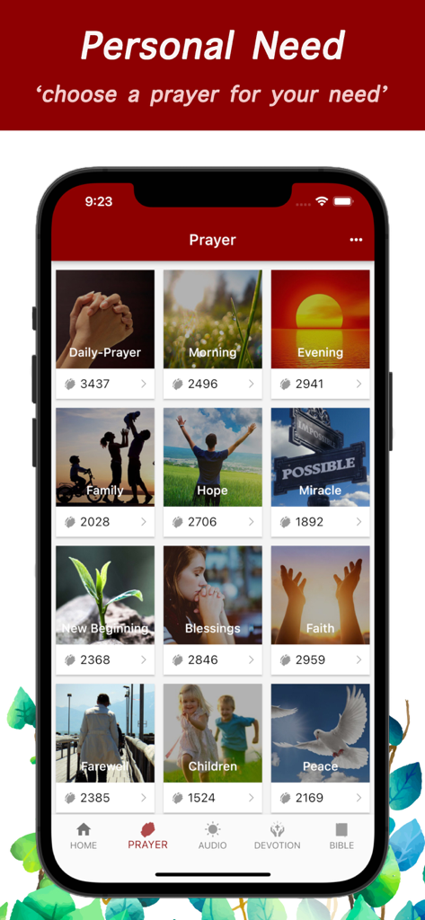 iPray mobile app interface displaying prayer categories for personal needs like Family, Hope, Faith, and Children.