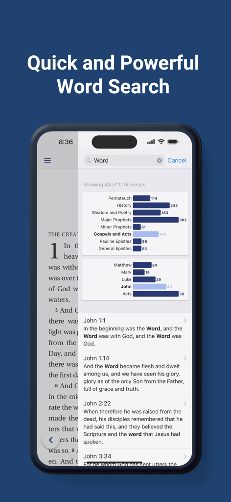 Literal Word Bible app interface showing word search results with visual frequency charts and verse listings.