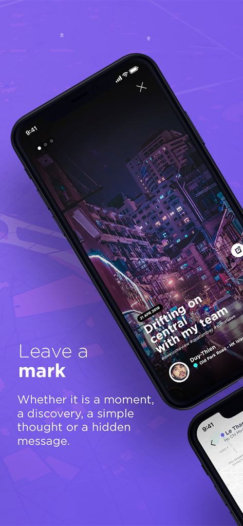 Drift app interface showing an urban night scene with the headline Leave a mark