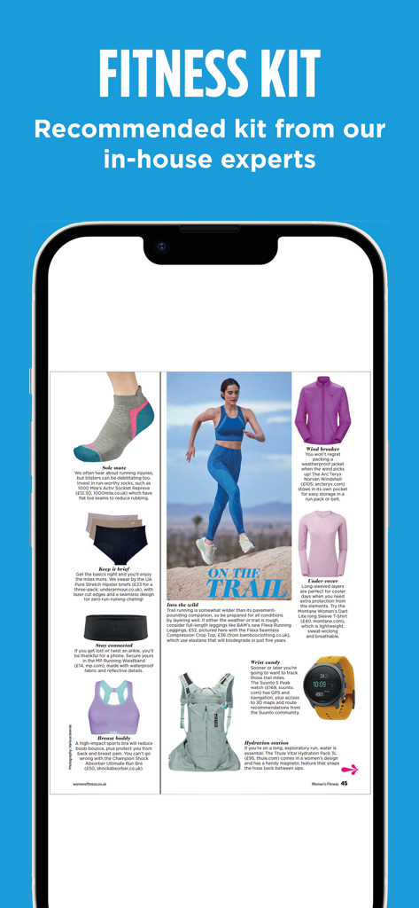 전문가가 추천하는 운동 장비 및 의류 리뷰를 보여주는 여성 피트니스 디지털 잡지 앱의 페이지