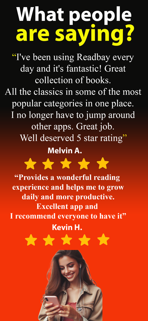 ReadBay: Book Summaries - Positive user testimonials and five star ratings for the ReadBay book summaries app