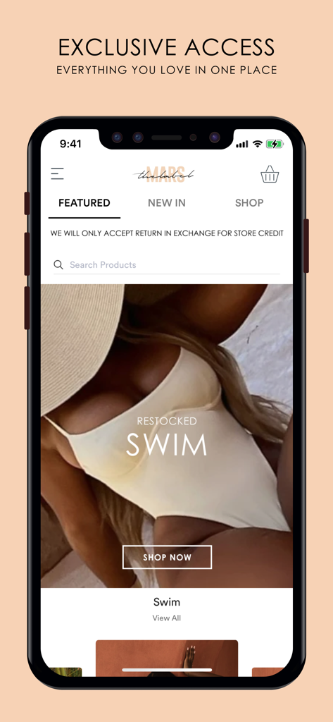 Mars The Label - Mars The Label app home screen showing exclusive access to restocked swimwear