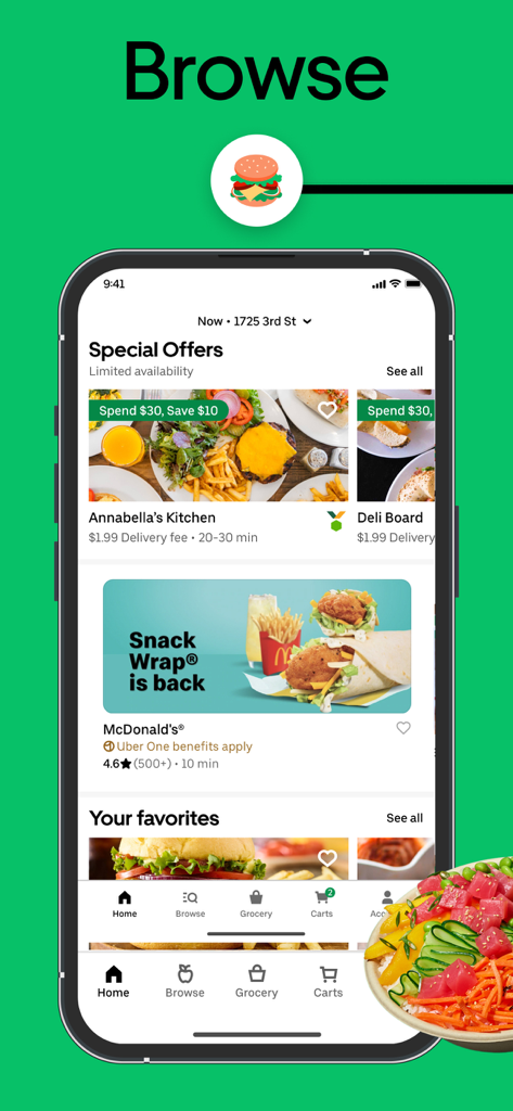 Uber Eats mobile app interface displaying special offers and local restaurant options