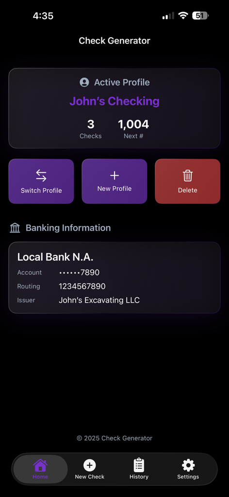 Check Generator app home screen displaying bank account profile and routing details
