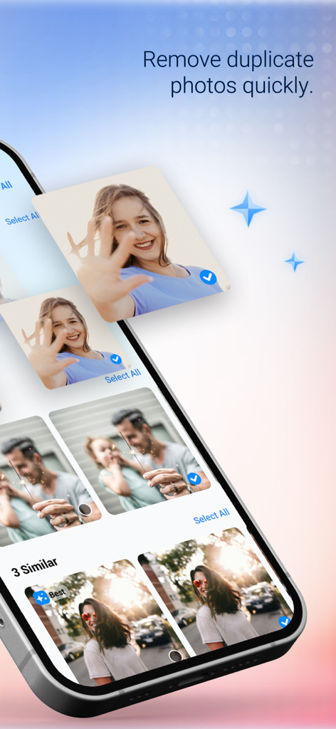 Space Saver-Phone Cleanup - Space Saver app interface showing the removal of duplicate and similar photos on an iPhone