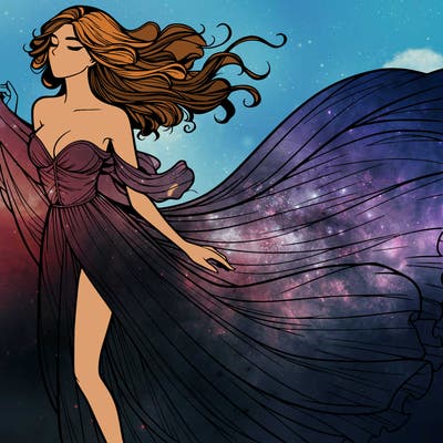 realistic woman in dress flowing the the wind