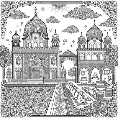 Embark on a creative journey with this stunning adult coloring page featuring the majestic beauty of Sikh Gurdwaras. Delight in the intricate details of their iconic architecture and peaceful community scenes, perfect for mindful relaxation.