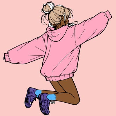 realistic girl jumping with a bun and oversized sweatshirt
