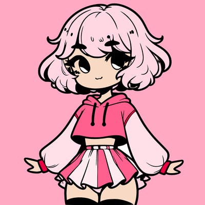 cute femboy with short, fluffy hair that softly frames their face, wearing a cropped hoodie, paired with a flouncy short skirt, and thigh-high stockings