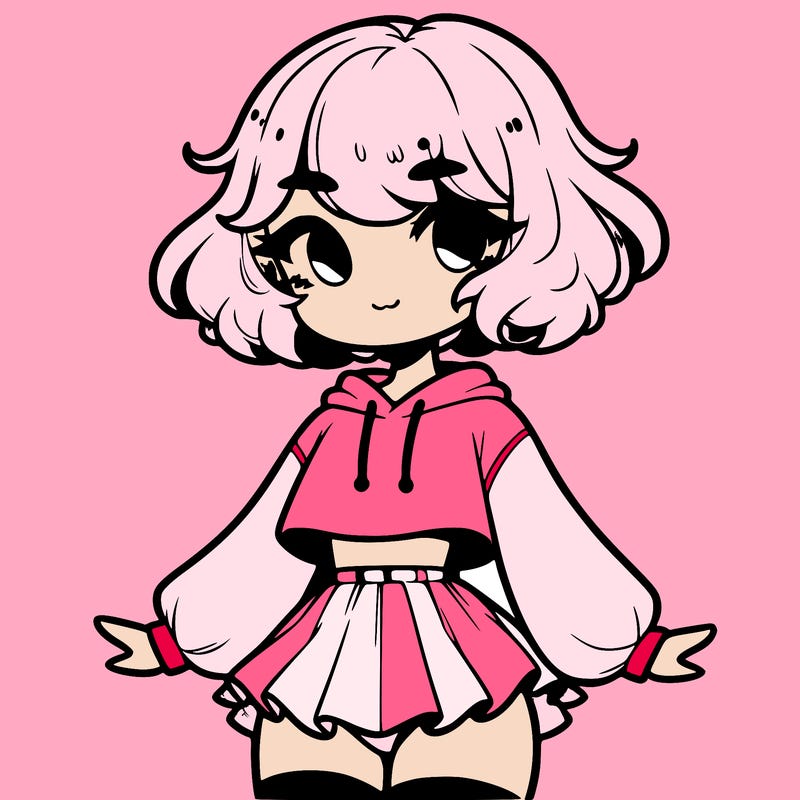 cute femboy with short, fluffy hair that softly frames their face, wearing a cropped hoodie, paired with a flouncy short skirt, and thigh-high stockings